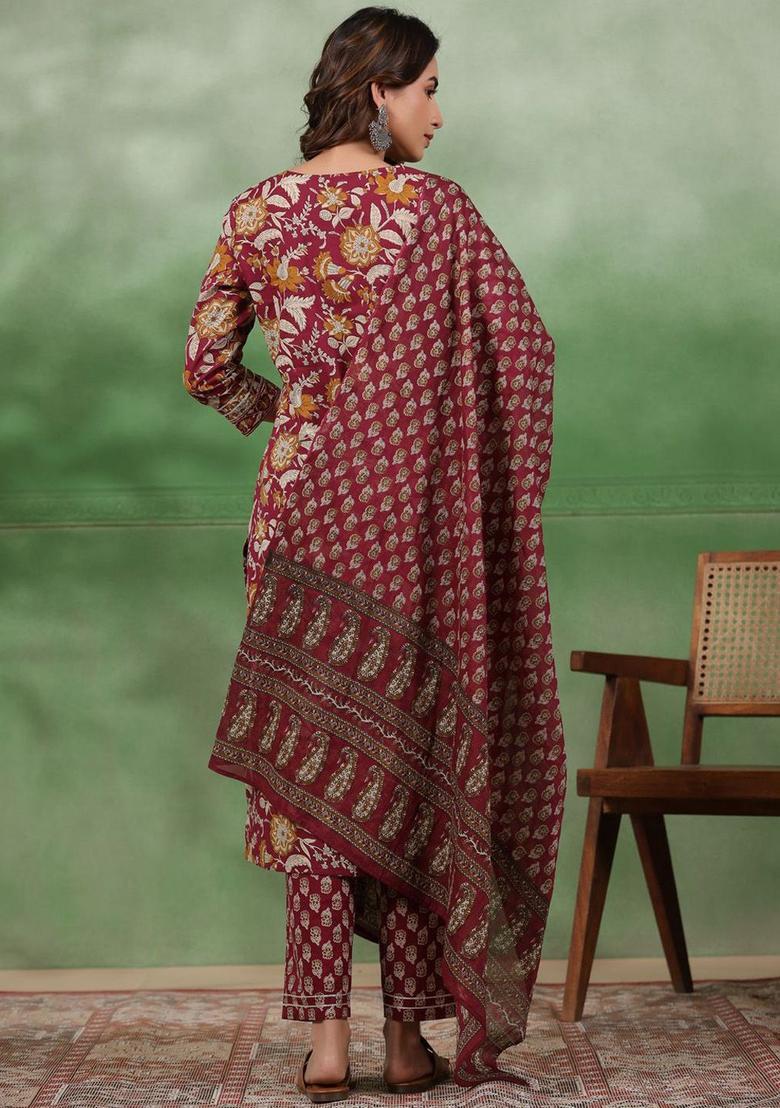 Maroon Printed Cotton Kurta Set - Indya