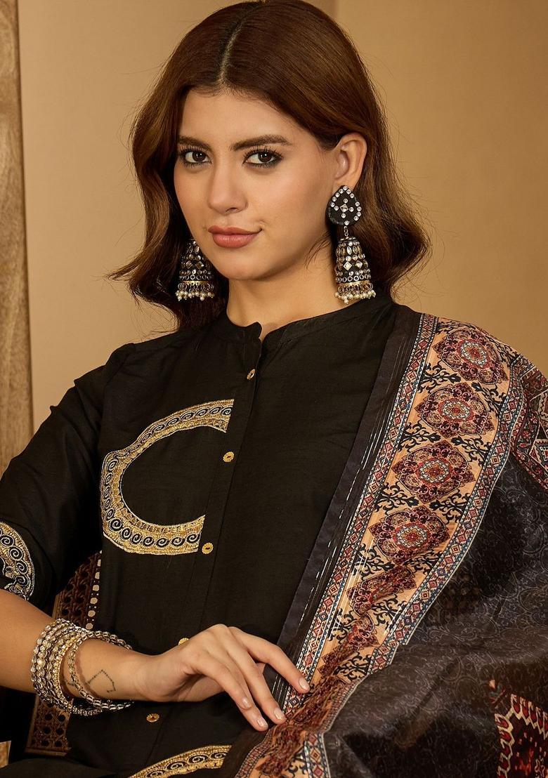 Black Embroidered Blended Kurta Set - Indya
