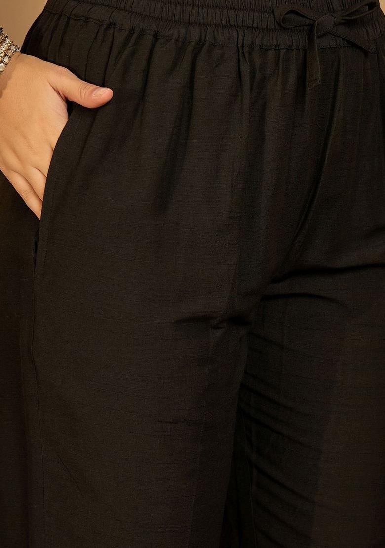 Black Embroidered Blended Kurta Set - Indya