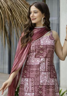 Mauve Self Design Silk Kurta Set