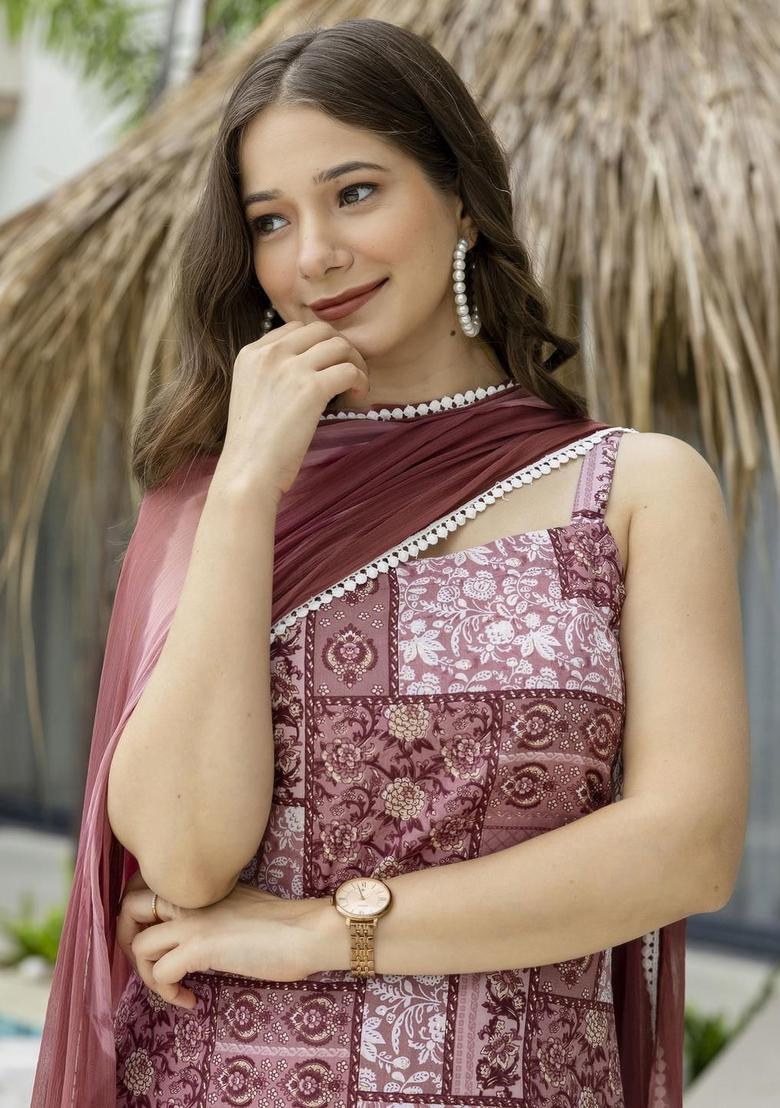 Mauve Self Design Silk Kurta Set - Indya