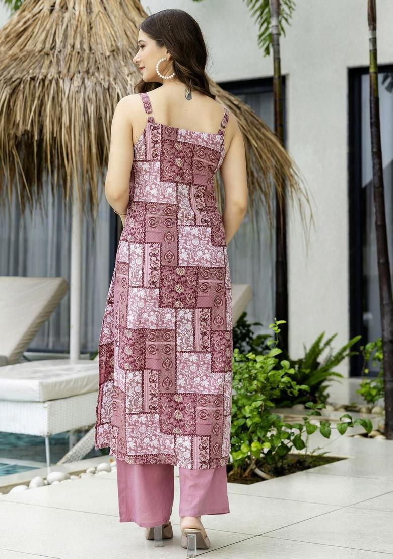 Mauve Self Design Silk Kurta Set - Indya