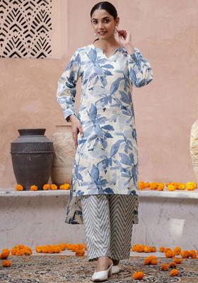 Beige Printed Cotton Kurta Set