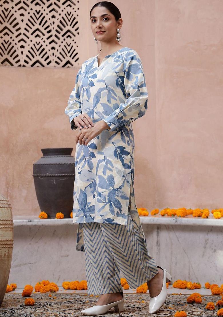 Beige Printed Cotton Kurta Set - Indya