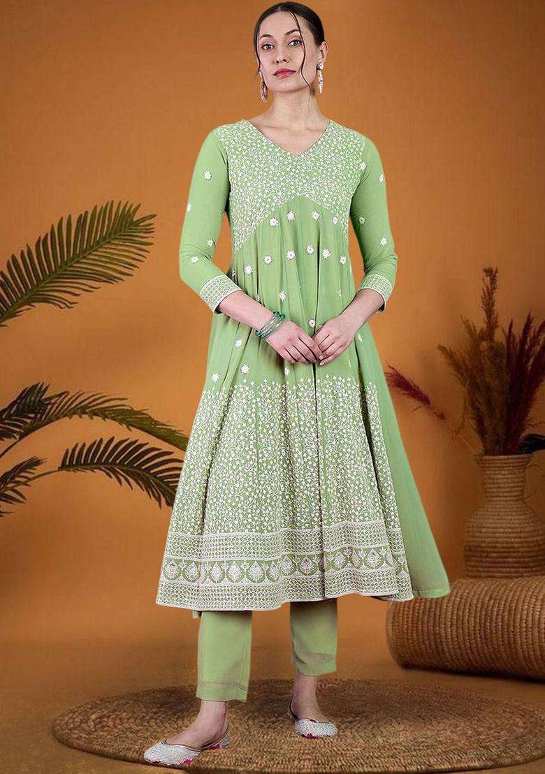 Sea Green Embroidered Georgette Kurta Set - Indya