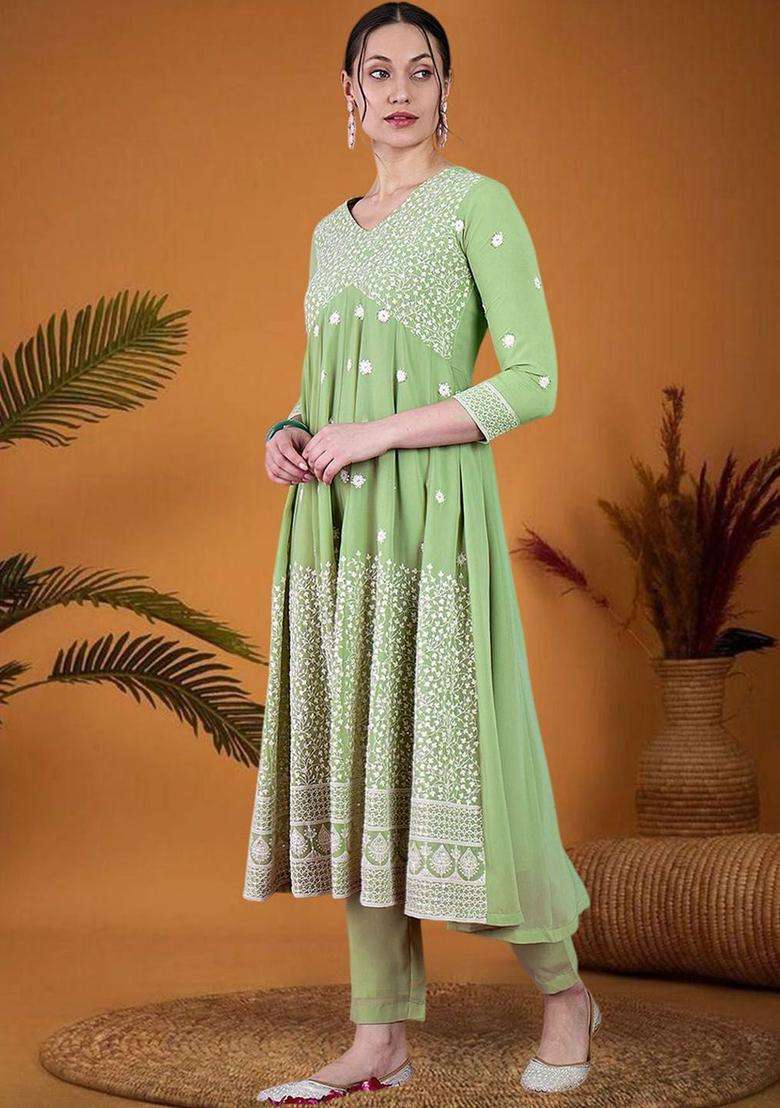 Sea Green Embroidered Georgette Kurta Set - Indya