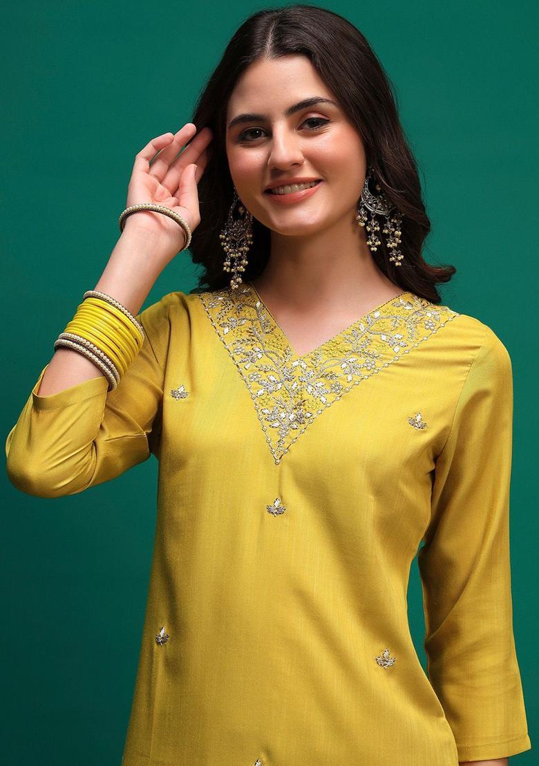 Lime Green Embroidered Viscose Kurta Set - Indya