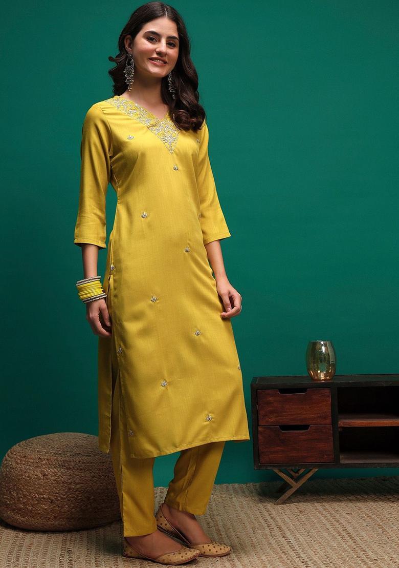 Lime Green Embroidered Viscose Kurta Set - Indya