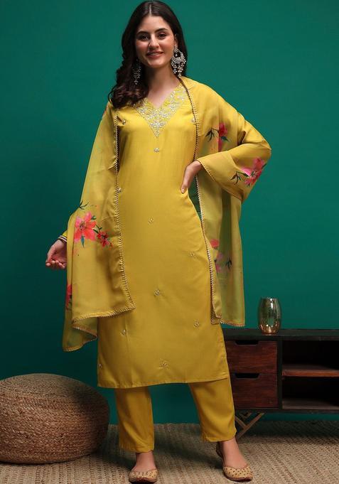 Lime Green Embroidered Viscose Kurta Set — view on Indya