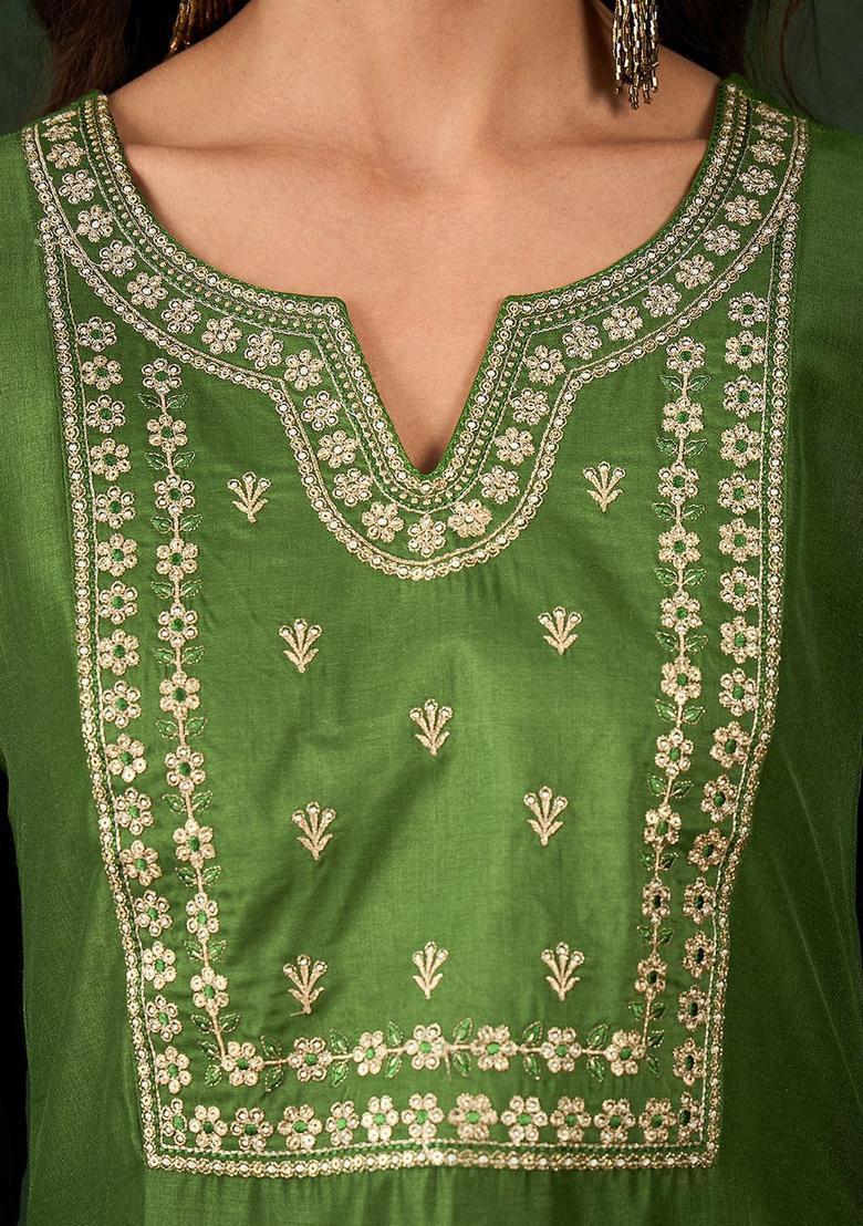 Green Yoke Design Silk Kurta Set - Indya