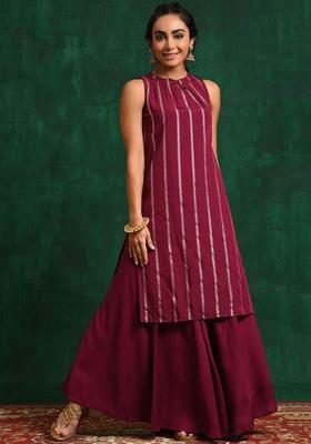 Burgundy Woven Design Silk Blend Kurta Set