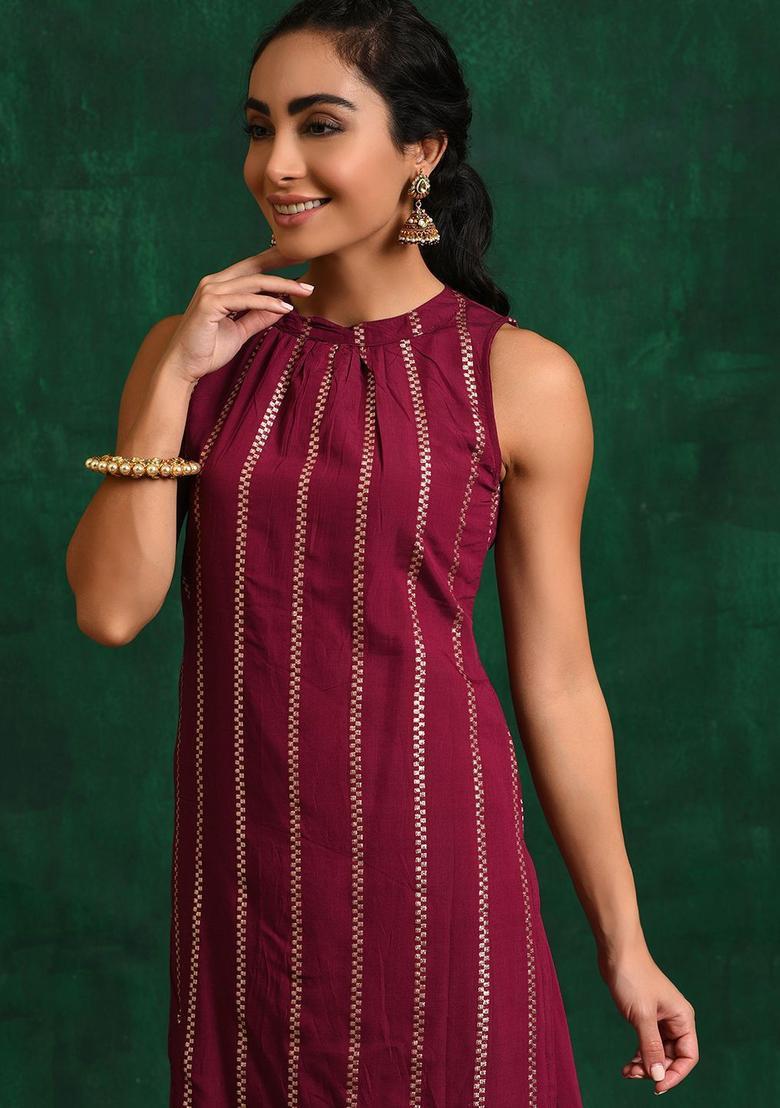 Burgundy Woven Design Silk Kurta Set - Indya