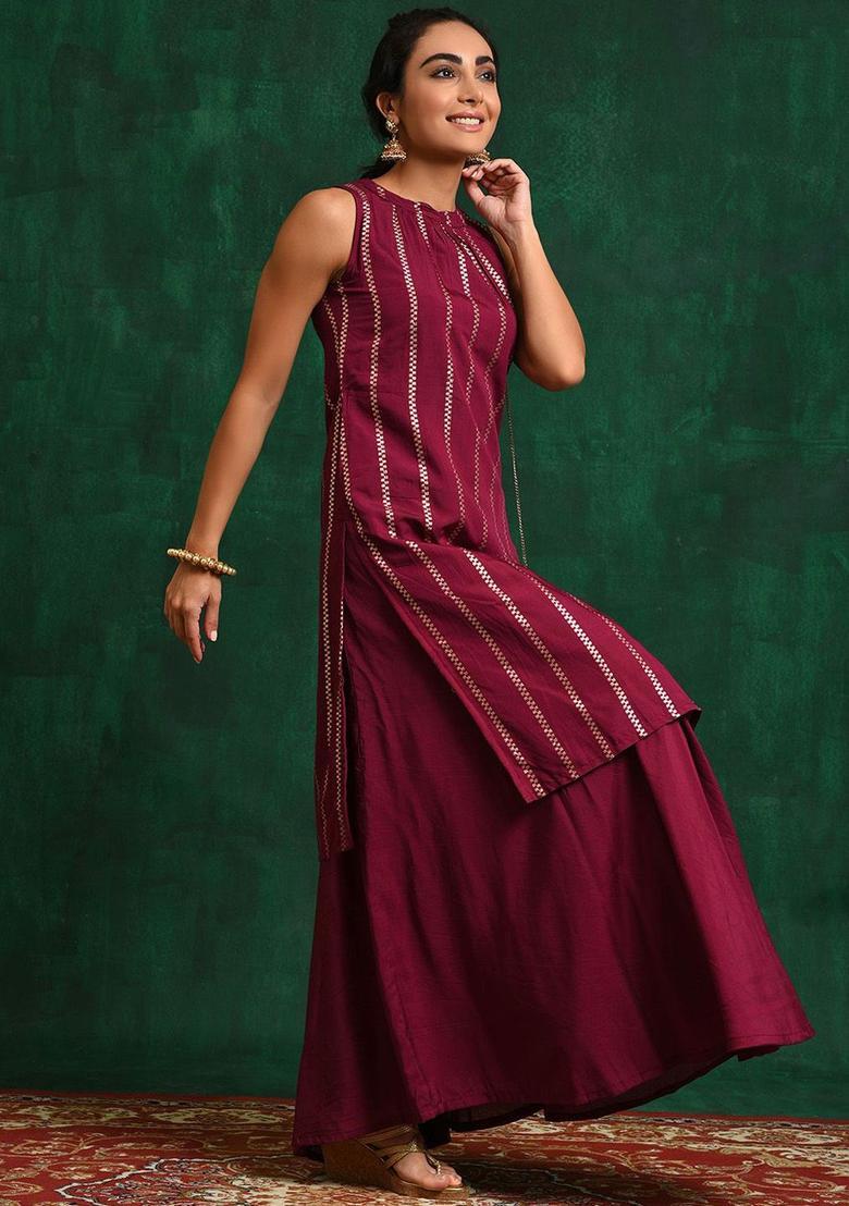 Burgundy Woven Design Silk Kurta Set - Indya