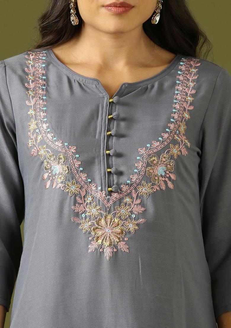 Grey Embroidered Polyester Kurta Set - Indya