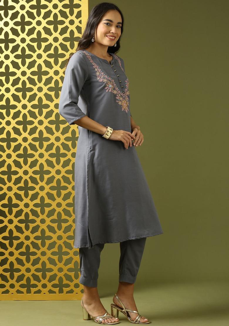 Grey Embroidered Polyester Kurta Set - Indya