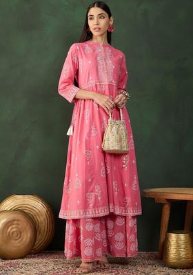 Pink Printed Cotton Kurta Set