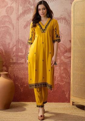 Mustard Embroidered Viscose Kurta Set