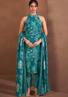 Teal Printed Viscose Kurta Set