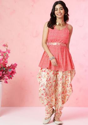 Pink Printed Silk Anarkali Set