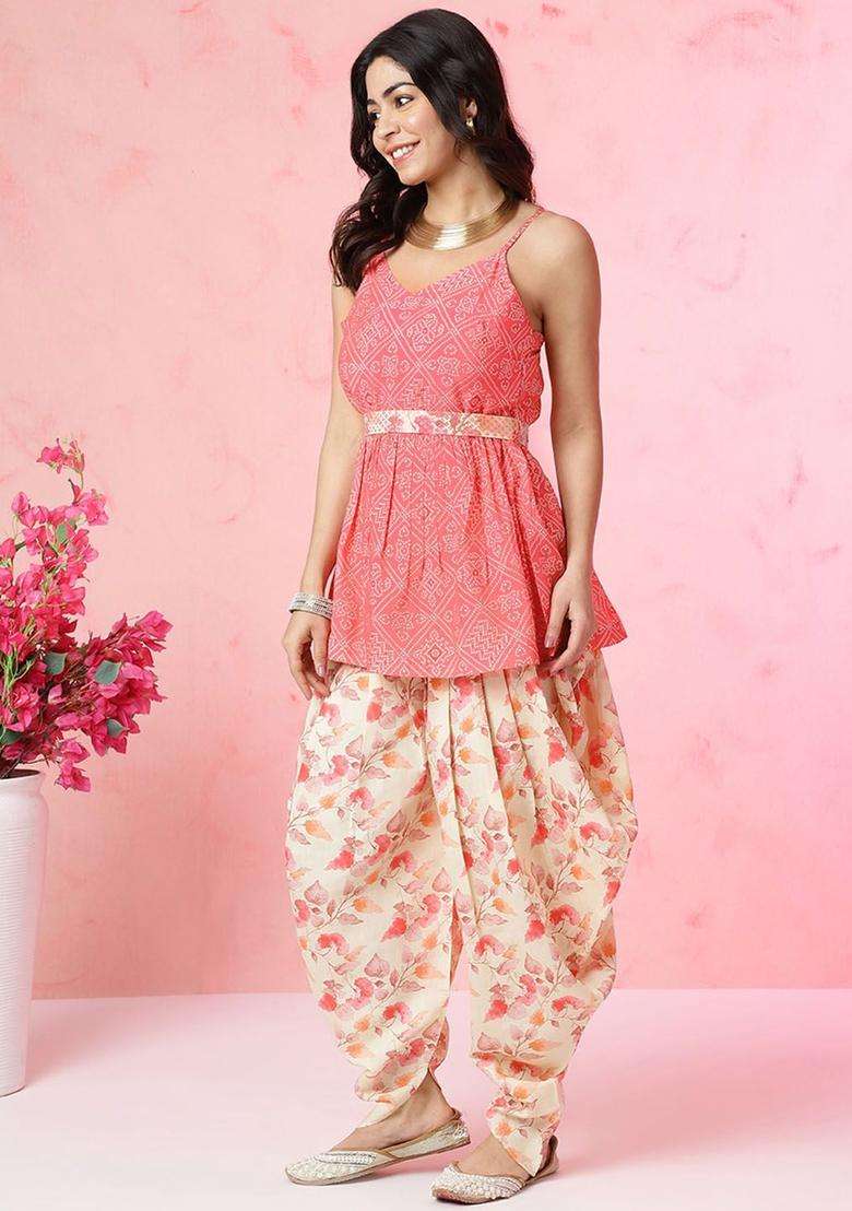 Pink Printed Silk Blend Anarkali Set - Indya