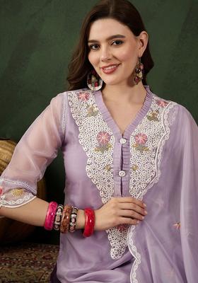 Purple Embroidered Organza Kurta Set