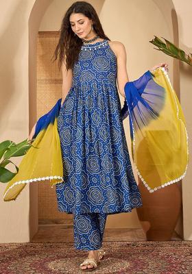 Blue Printed Cotton Anarkali Set