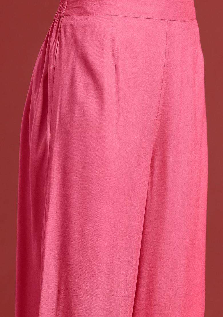 Pink Solid Viscose Kurta Set - Indya
