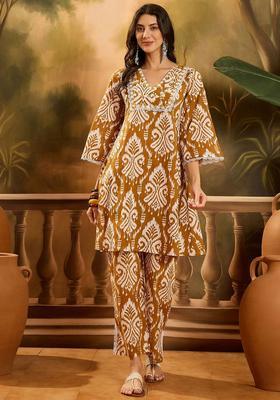 Mustard Printed Cotton Kurta Set