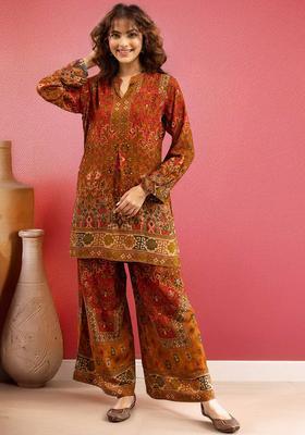 Rust Printed Viscose Kurta Set