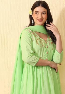 Lime Green Embroidered Cotton Kurta Set