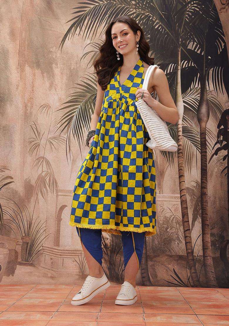 Blue Checked Cotton Kurta Set - Indya