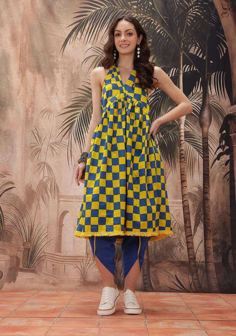 Blue Checked Cotton Kurta Set - Indya