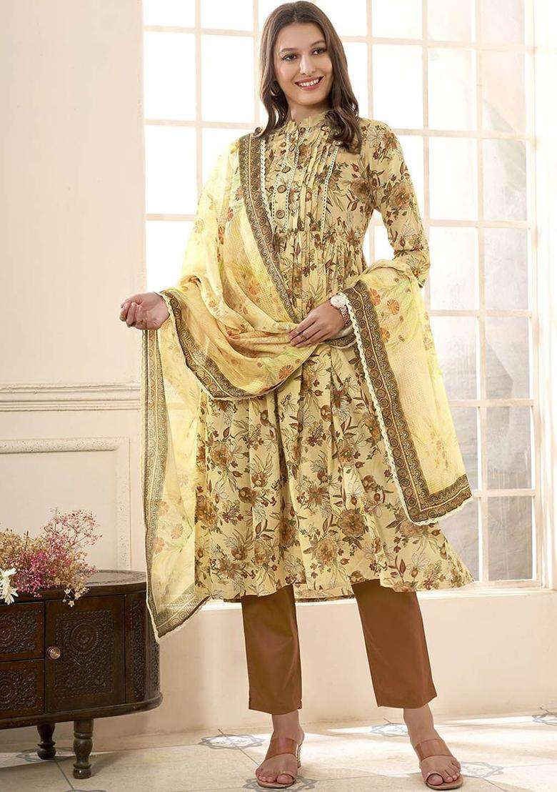 Mustard Printed Cotton Anarkali Set - Indya