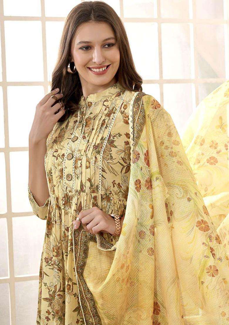 Mustard Printed Cotton Anarkali Set - Indya