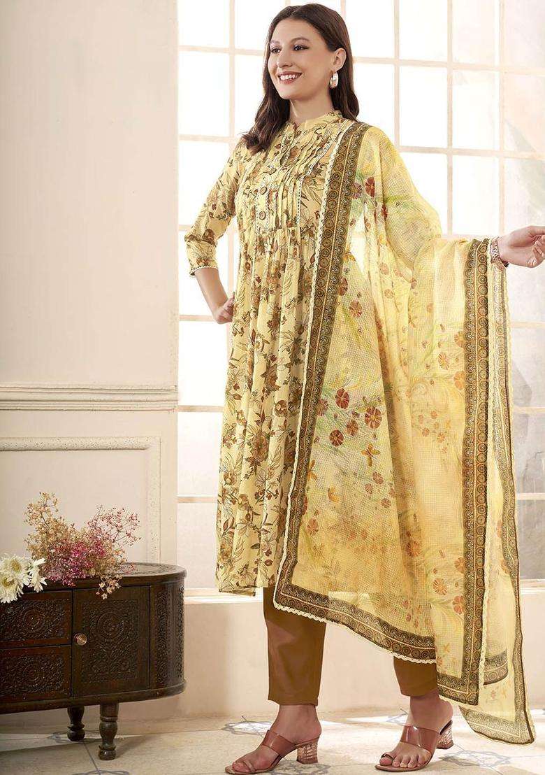 Mustard Printed Cotton Anarkali Set - Indya