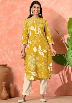Mustard Printed Cotton Kurta Set