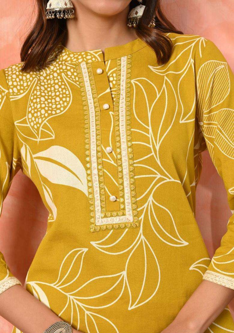 Mustard Printed Cotton Kurta Set - Indya