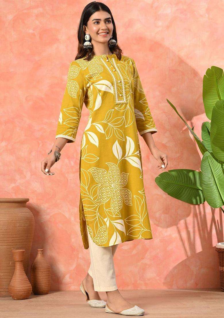 Mustard Printed Cotton Kurta Set - Indya
