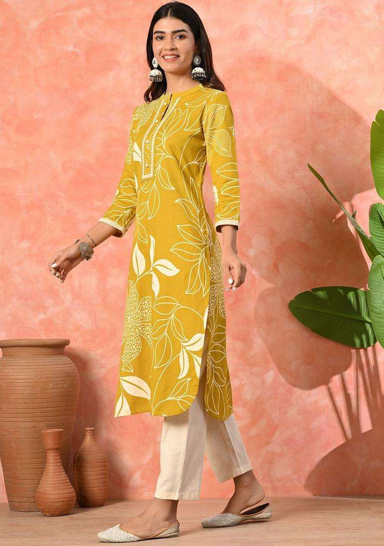 Mustard Printed Cotton Kurta Set - Indya