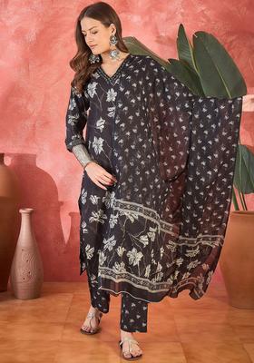 Black Printed Cotton Kurta Set