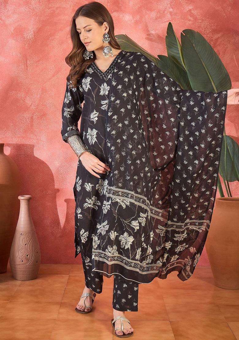 Black Printed Cotton Kurta Set - Indya