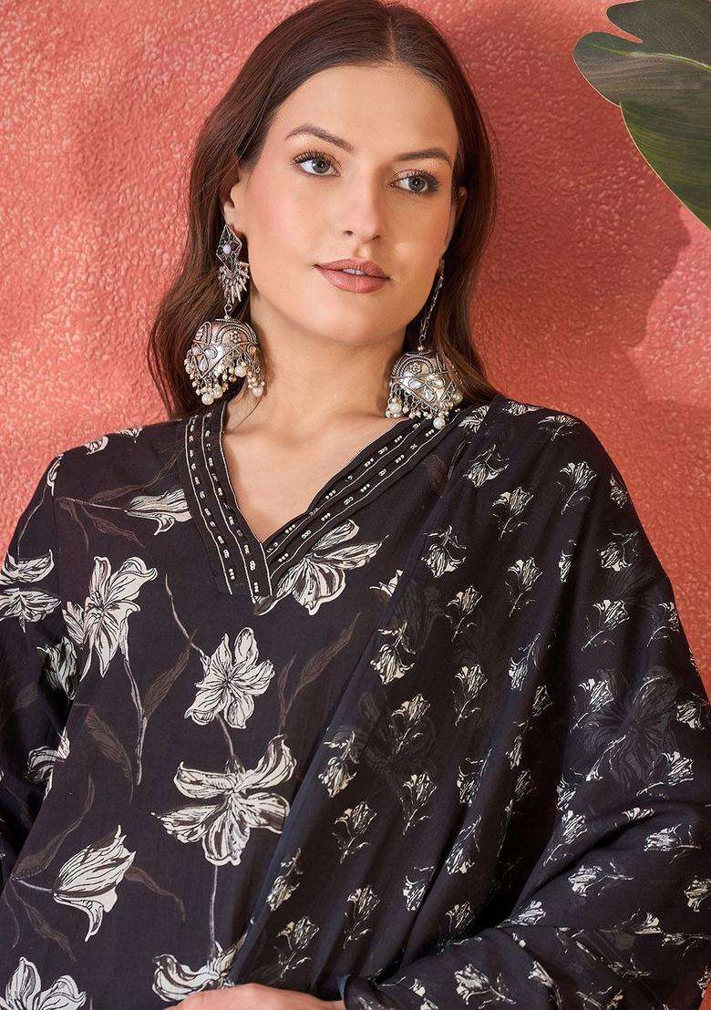 Black Printed Cotton Kurta Set - Indya