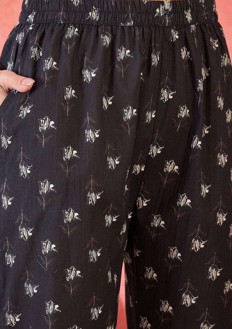 Black Printed Cotton Kurta Set - Indya