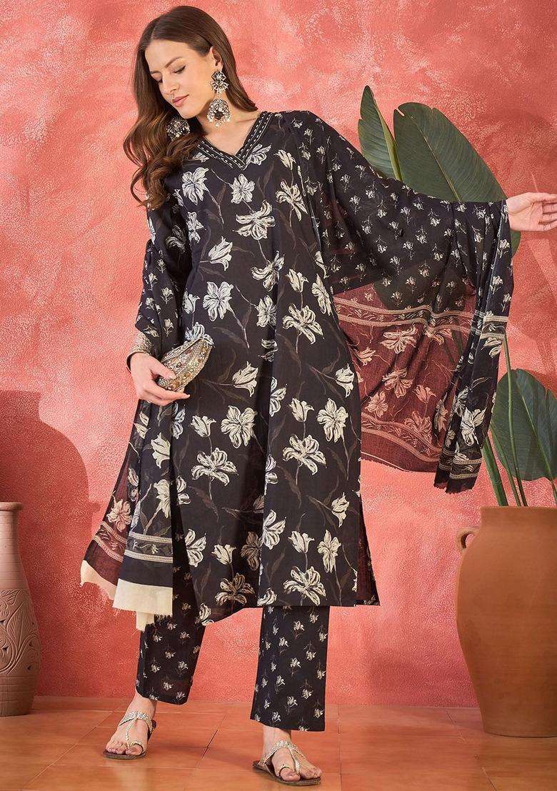 Black Printed Cotton Kurta Set - Indya