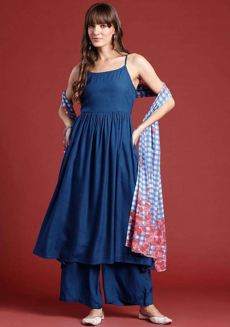 Navy Blue Solid Viscose Kurta Set - Indya
