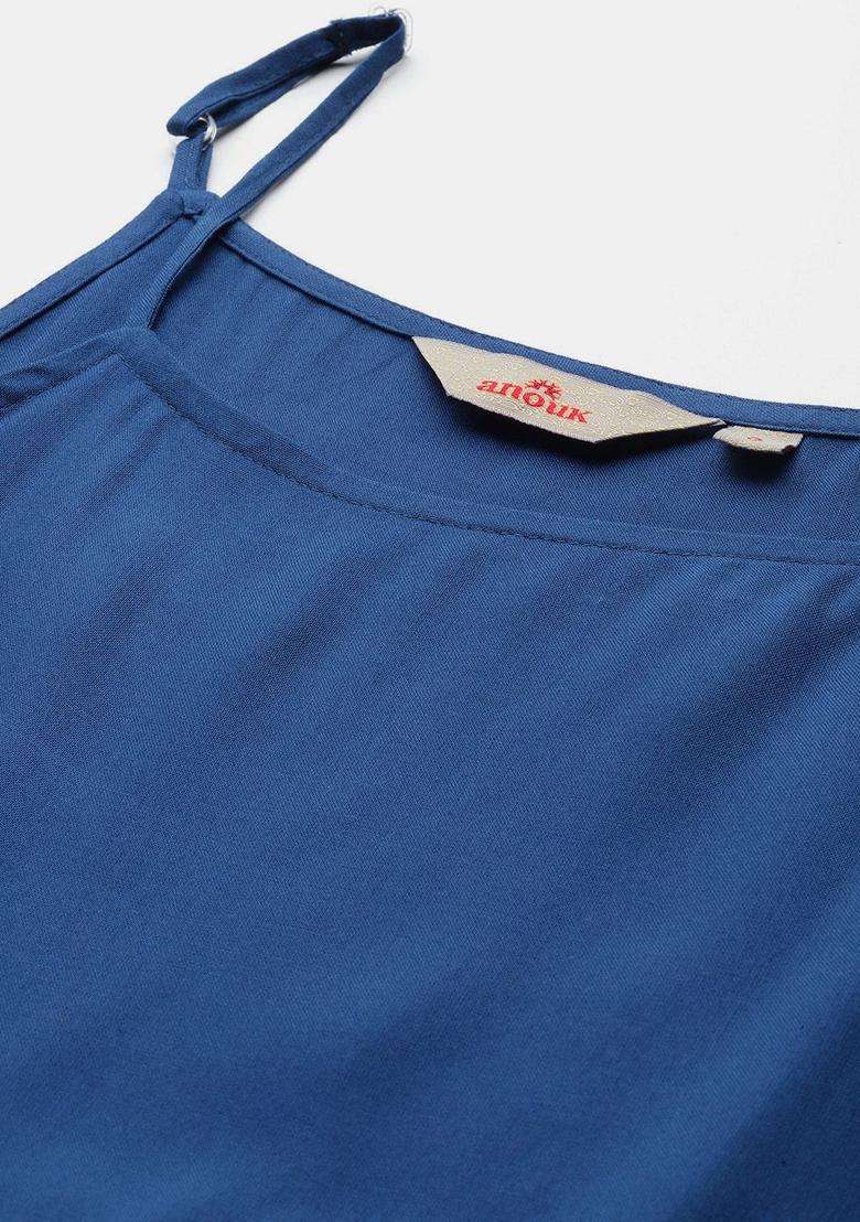 Navy Blue Solid Viscose Kurta Set - Indya