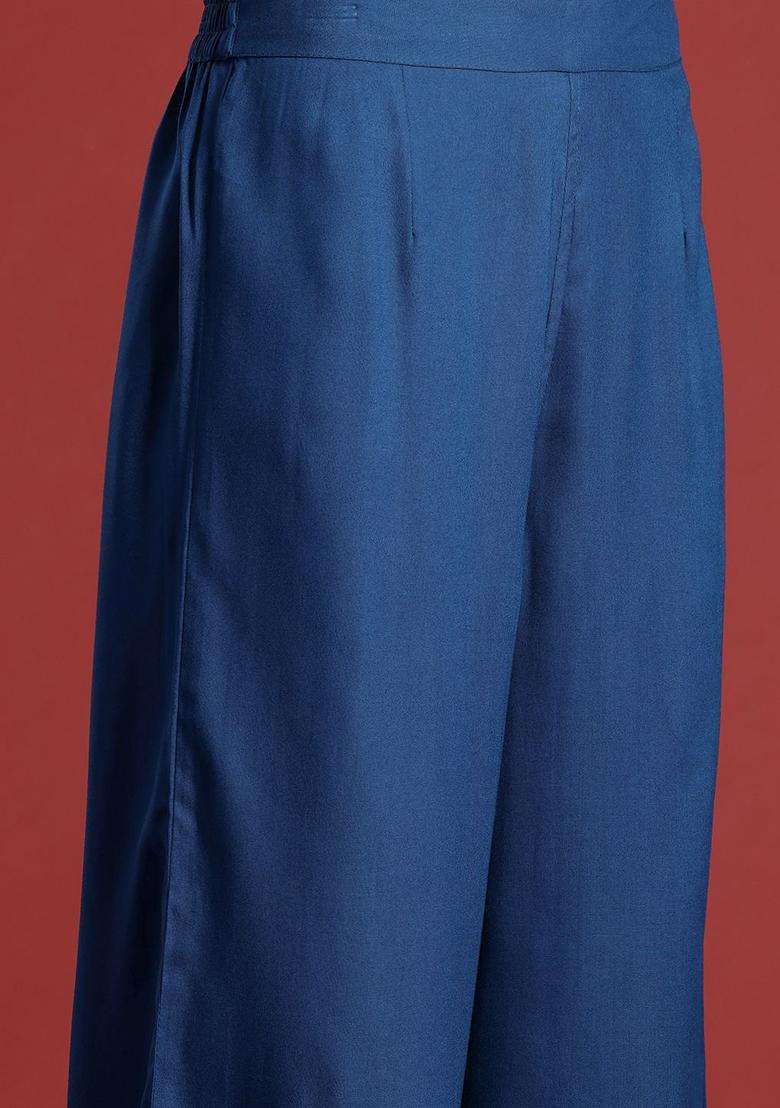 Navy Blue Solid Viscose Kurta Set - Indya