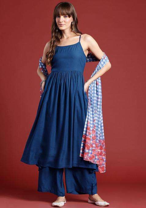 Navy Blue Solid Viscose Kurta Set