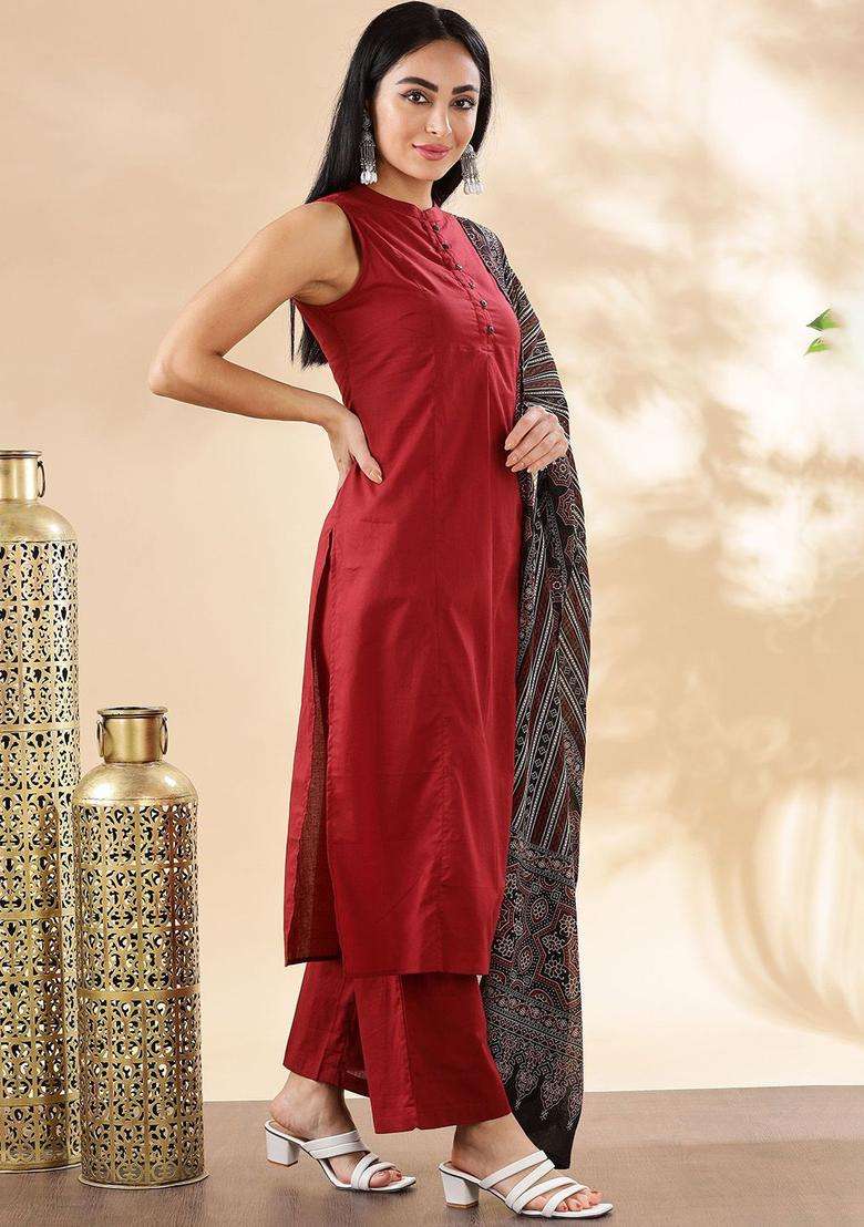Maroon Solid Cotton Kurta Set - Indya