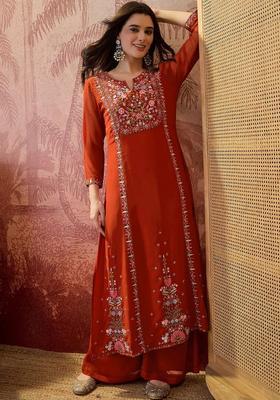 Orange Embroidered Georgette Kurta Set